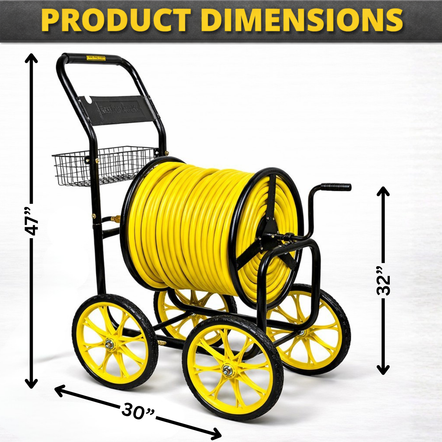 Metal hose reel cart with four-wheel stability and elevated handle for strain-free operation
