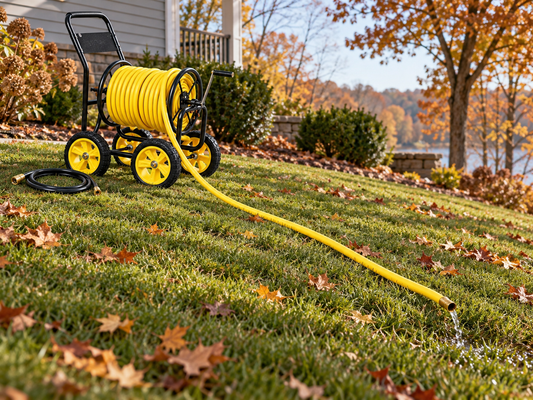 Steel hose reel cart on a lawn covered in fall leaves