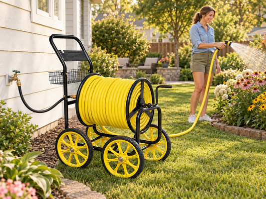 Homeowner watering with a garden hose from a four-wheel steel reel cart