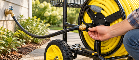 Hand checking a dripping brass inlet fitting on a steel hose reel cart