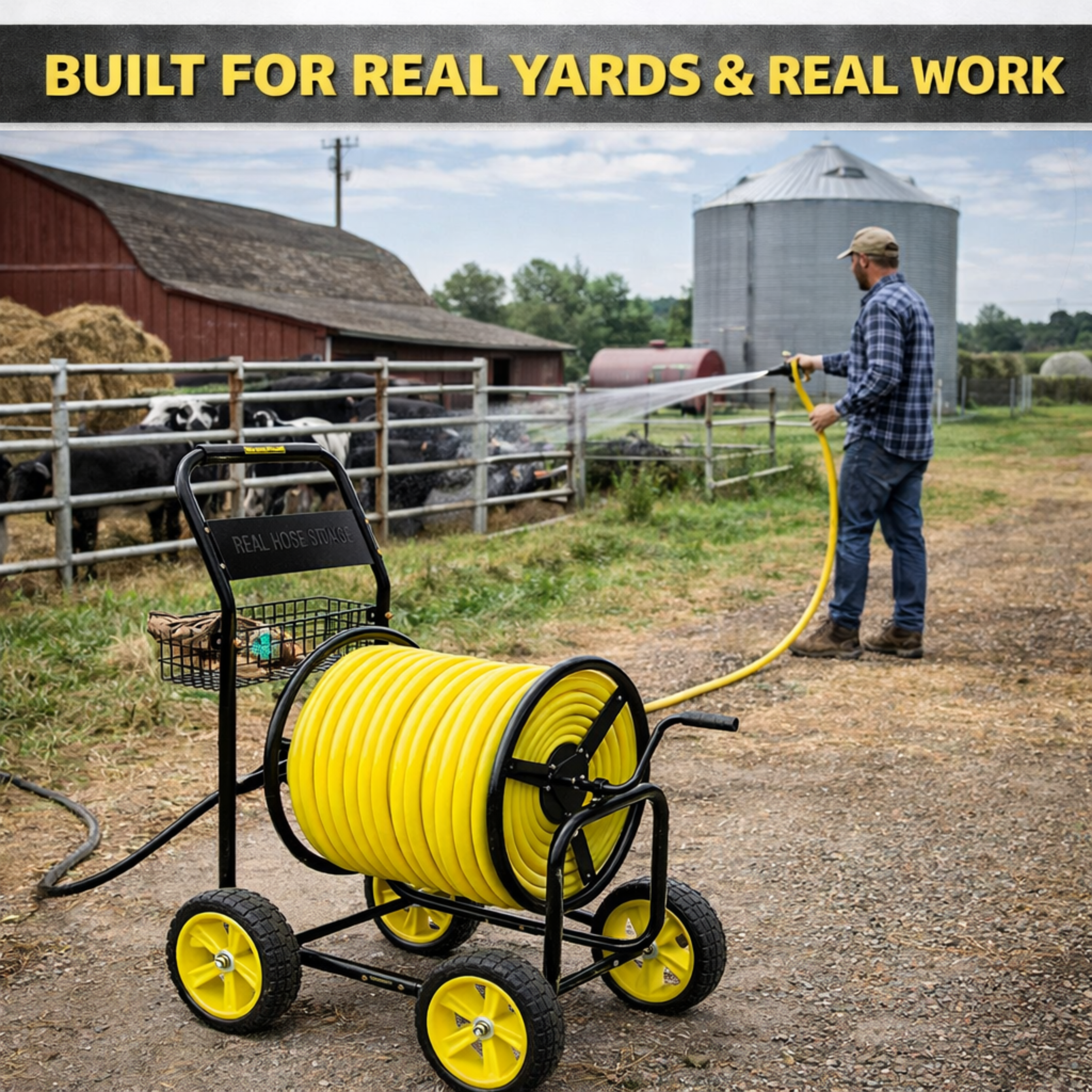 Industrial hose reel cart with 400 ft hose capacity used in large outdoor work area