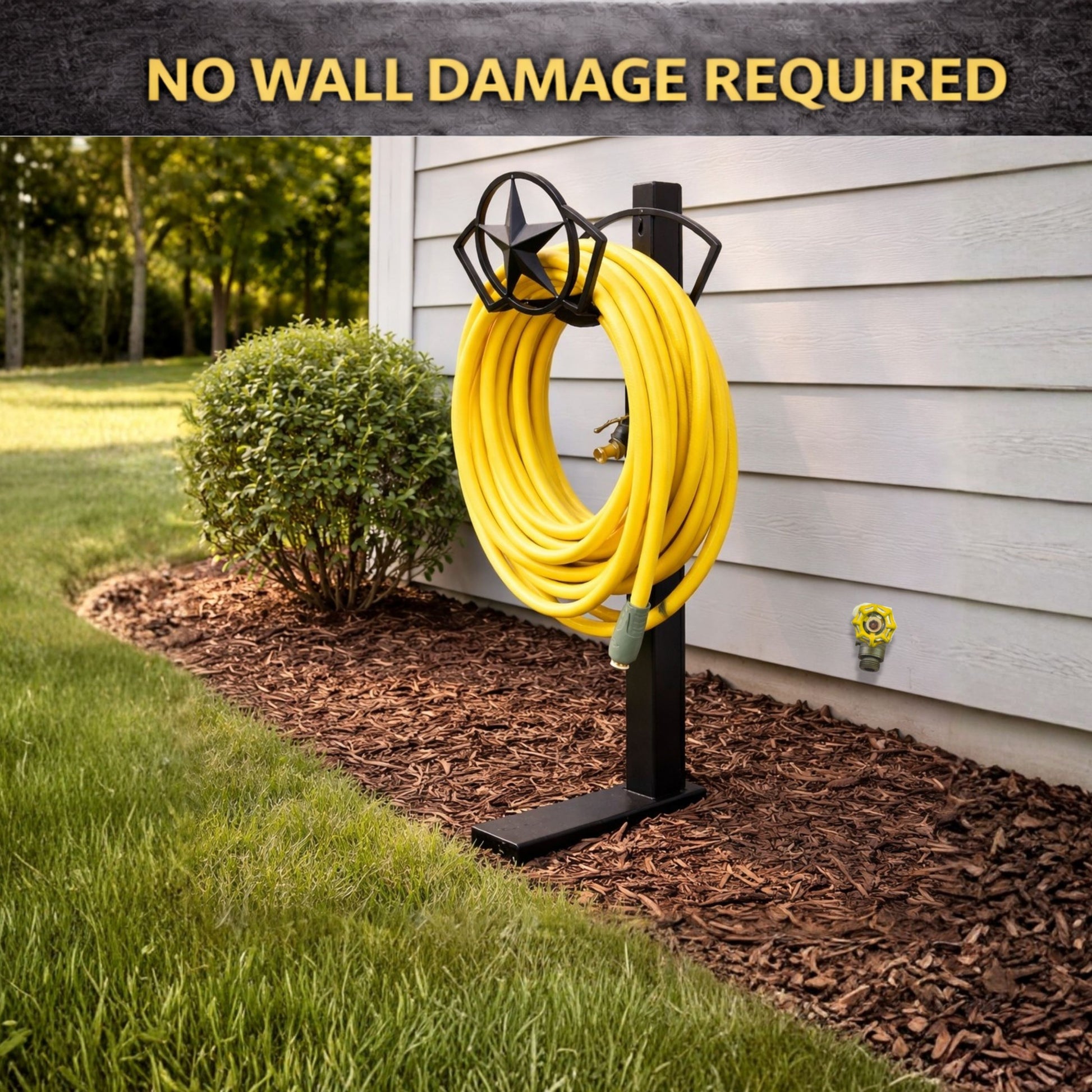 decorative steel garden hose hanger with post and water faucet