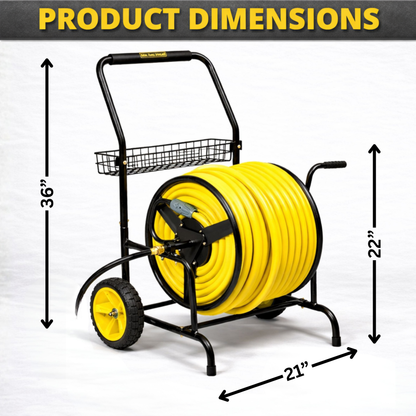 Residential and commercial hose cart with two wheels and 300 ft garden hose capacity