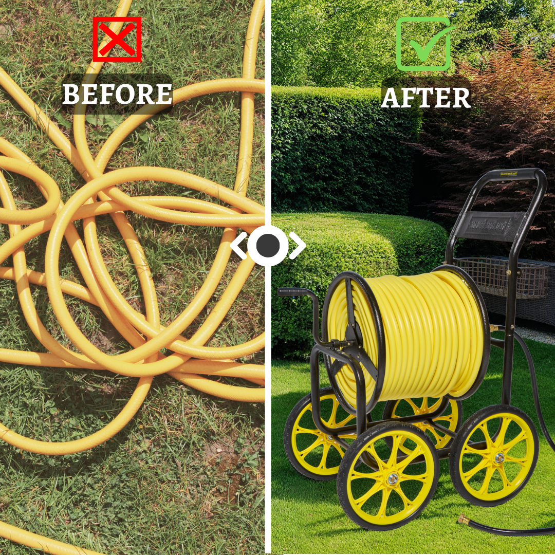 Before and after comparison of a yellow garden hose on a grassy area with a hose reel cart.