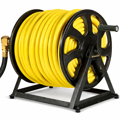 Dual-use hose reel mount designed for floor or wall installation with 200 ft garden hose capacity