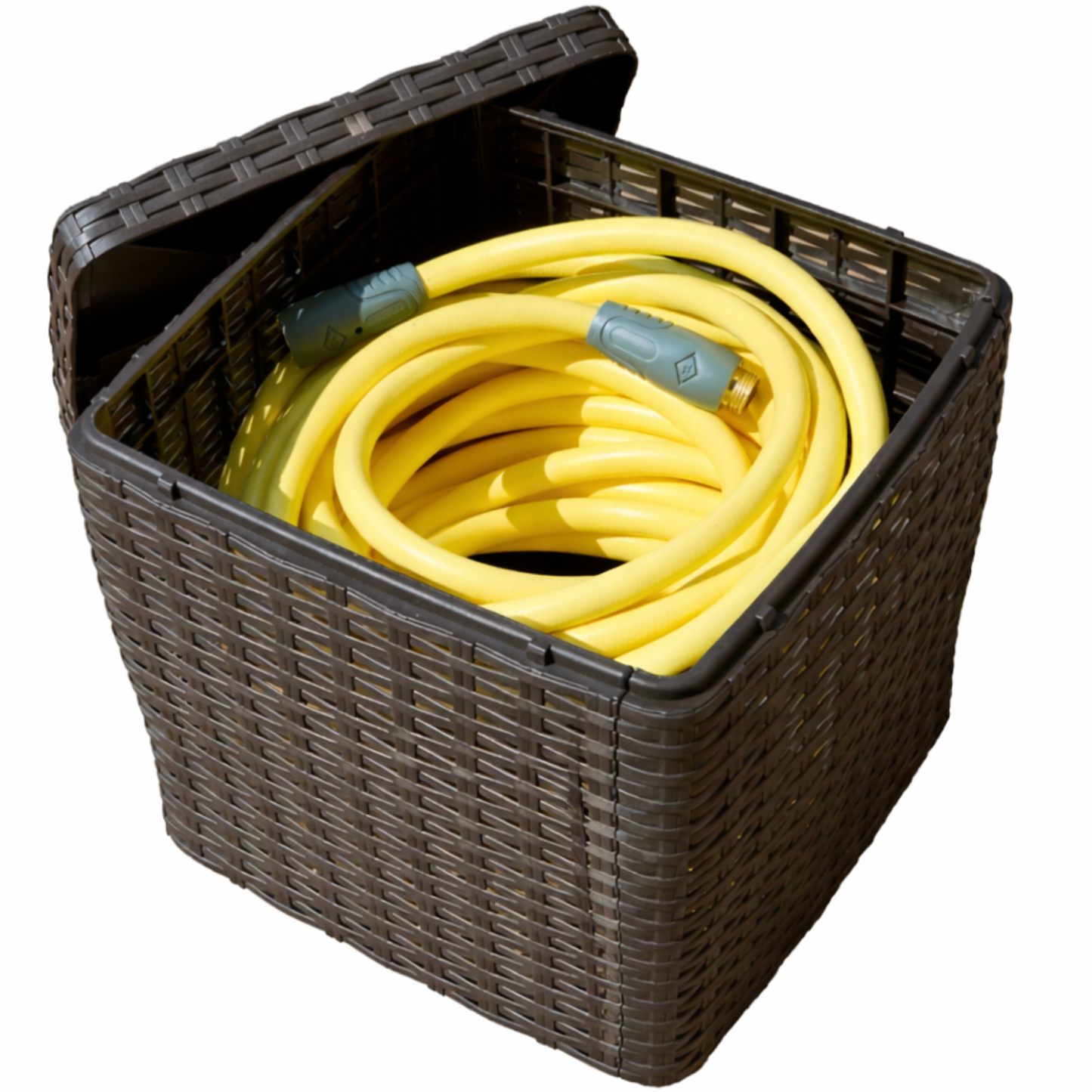 Resin wicker hose storage cubby box designed for lightweight garden hoses with 200 ft capacity