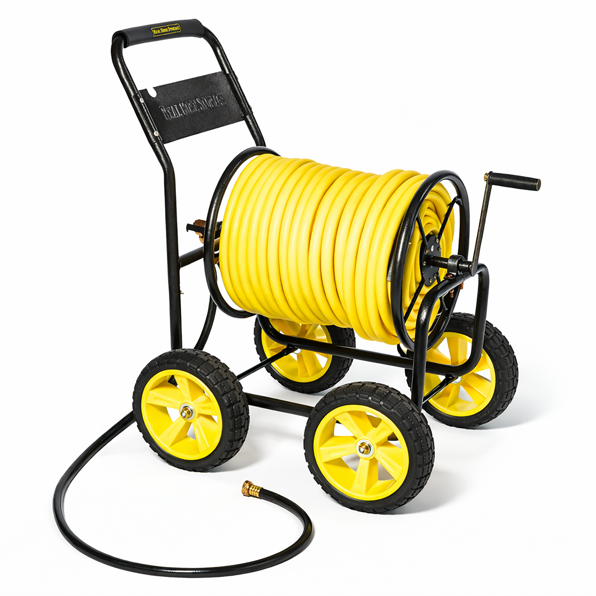 4 wheel metal hose reel cart with 250ft garden hose capacity