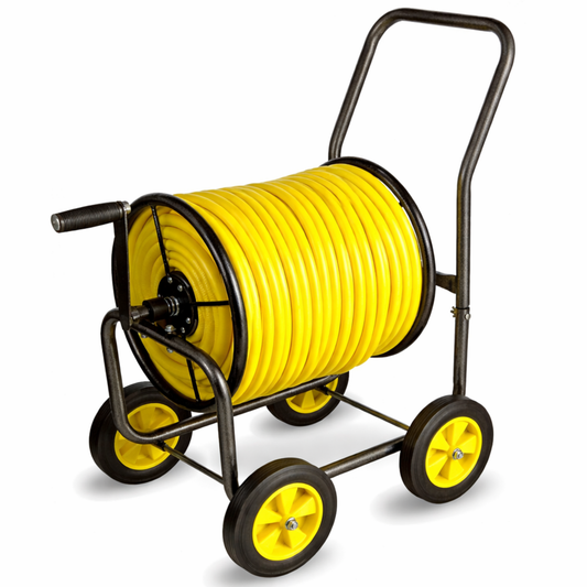 Heavy-duty metal hose reel cart with four wheels, steel frame, and garden hose mounted for easy mobility