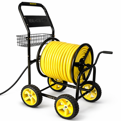 Industrial-duty metal hose reel cart with four wheels and 400 ft hose capacity for heavy outdoor use