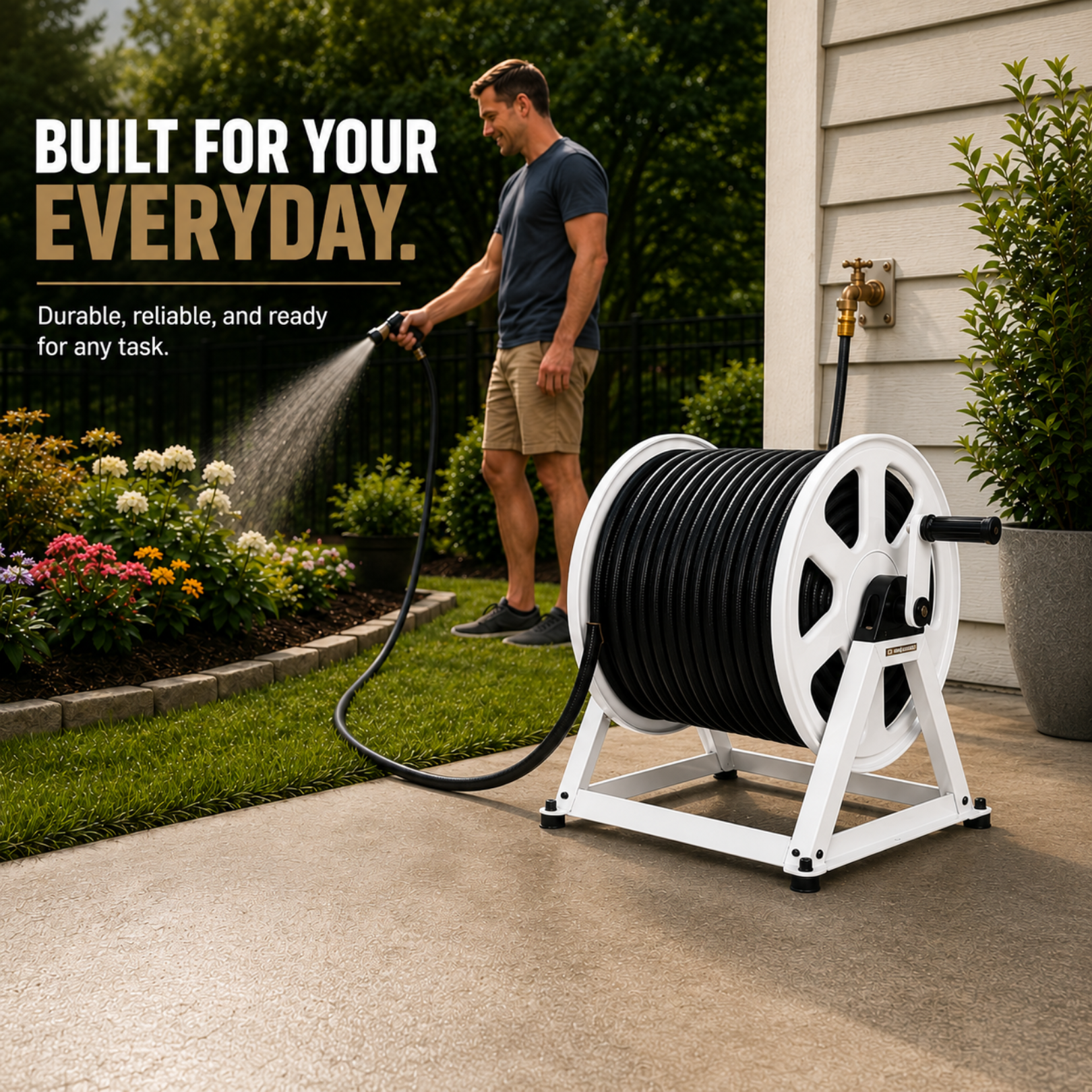 Man using a garden hose reel system in a garden setting with text about durability and reliability.