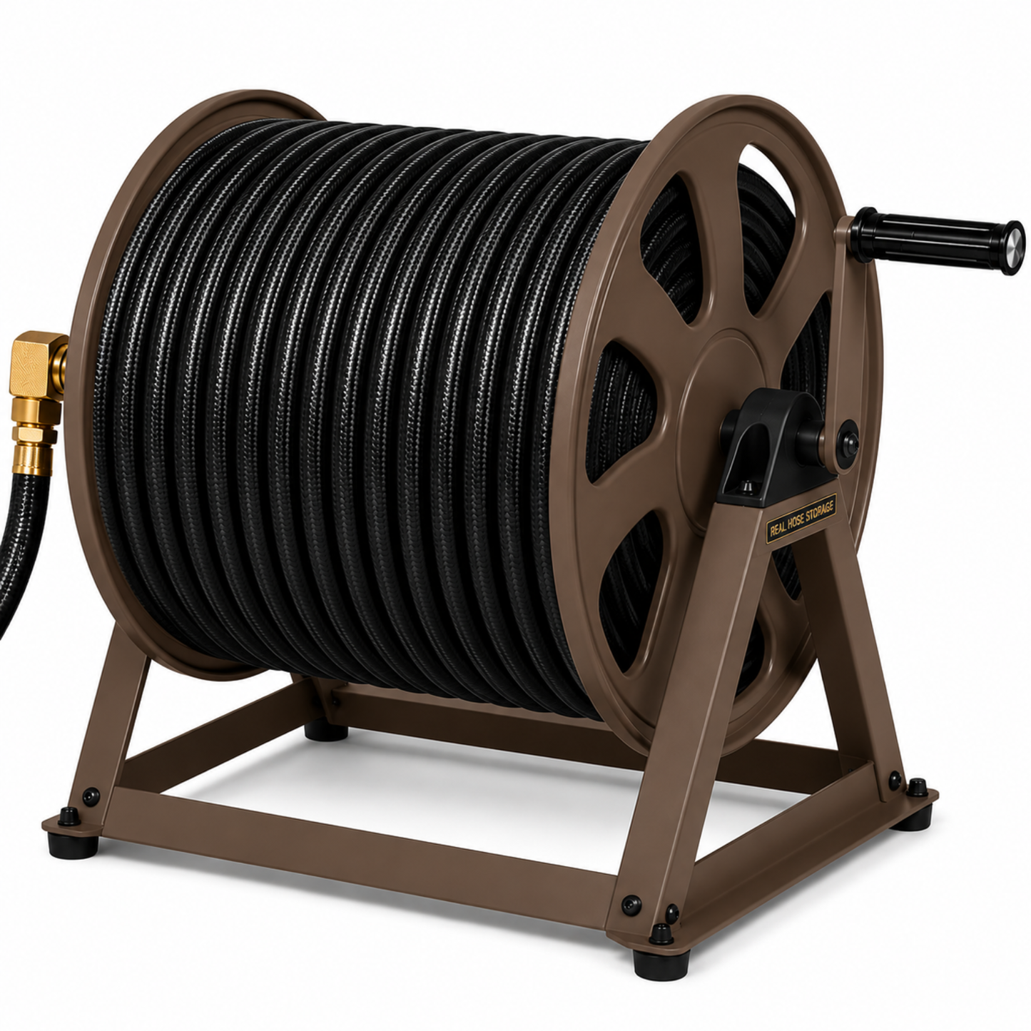 Brown metal hose reel with black hose on a white background