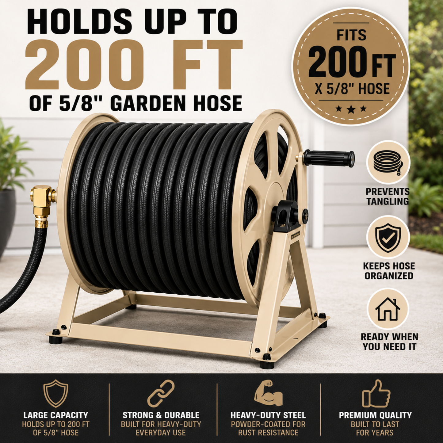 Garden hose reel with black hose, featuring text on capacity and features.