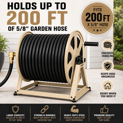 Garden hose reel with black hose, featuring text on capacity and features.