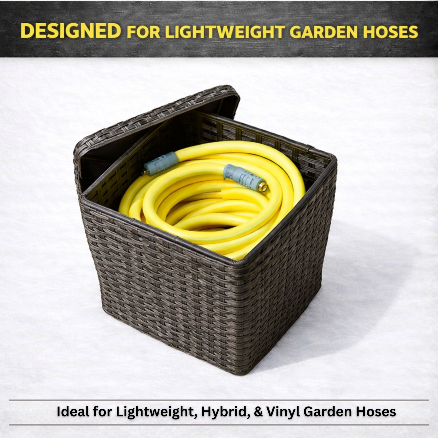 Decorative outdoor hose storage box made of resin wicker in patio setting