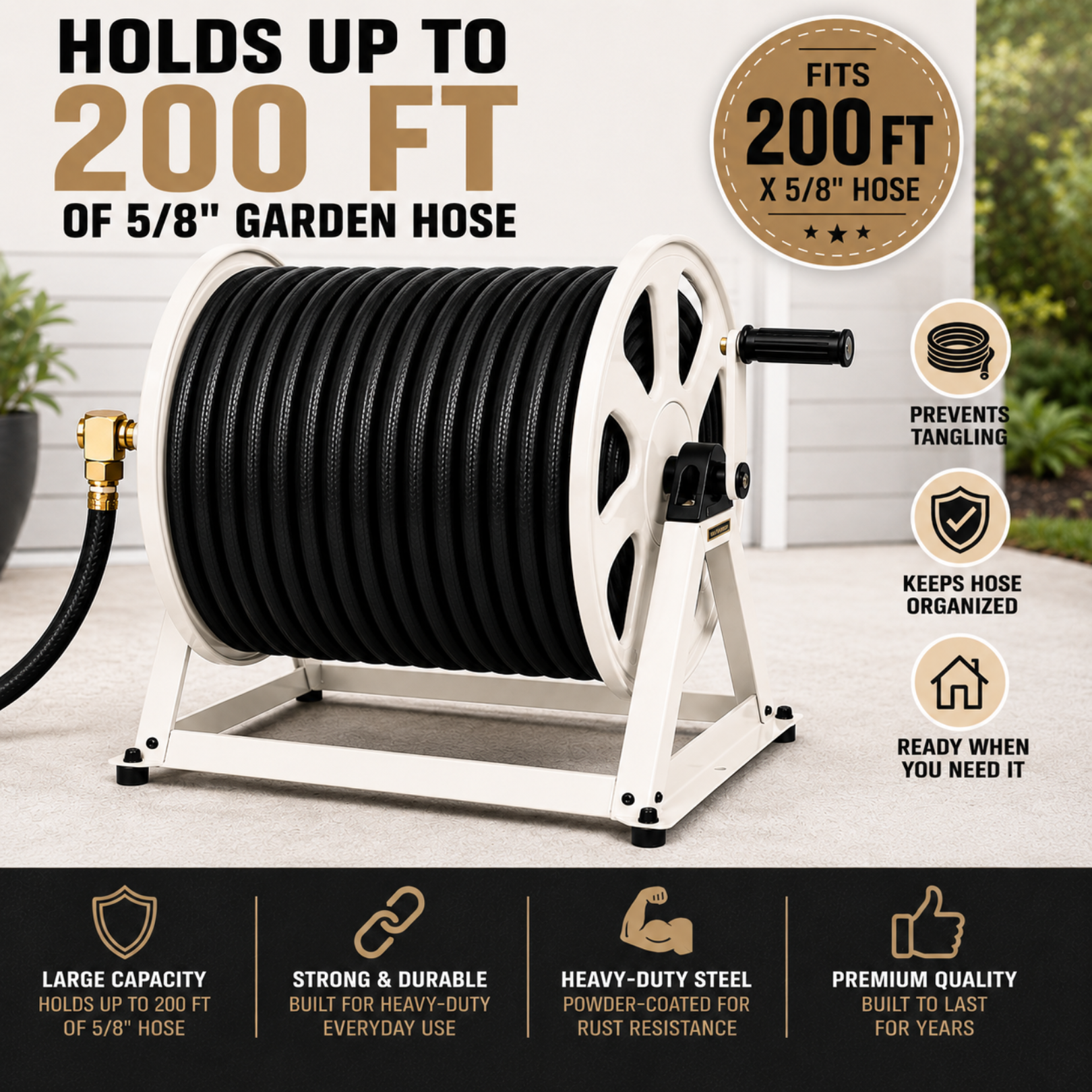 Garden hose reel with black hose, white stand, and features listed on a light gray background.