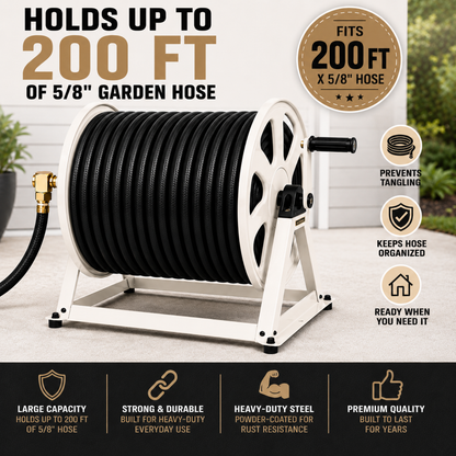Garden hose reel with black hose, white stand, and features listed on a light gray background.
