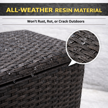 Weather-resistant resin wicker construction on outdoor hose storage cubby box