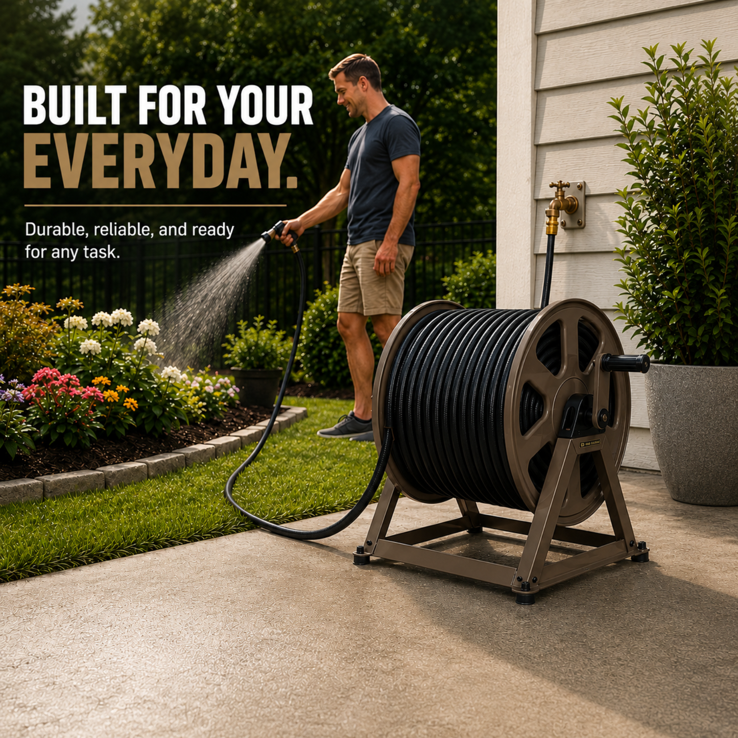 Man using a garden hose with a reel stand in a garden setting, featuring text about durability and reliability.