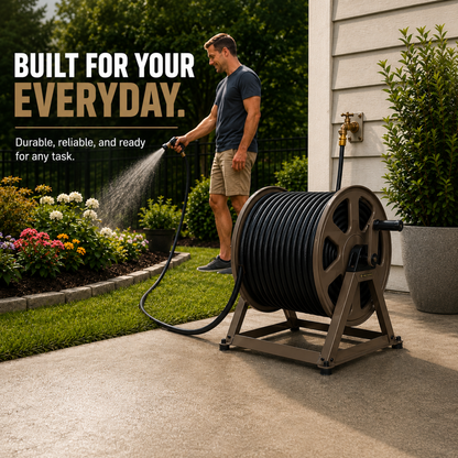 Man using a garden hose with a reel stand in a garden setting, featuring text about durability and reliability.