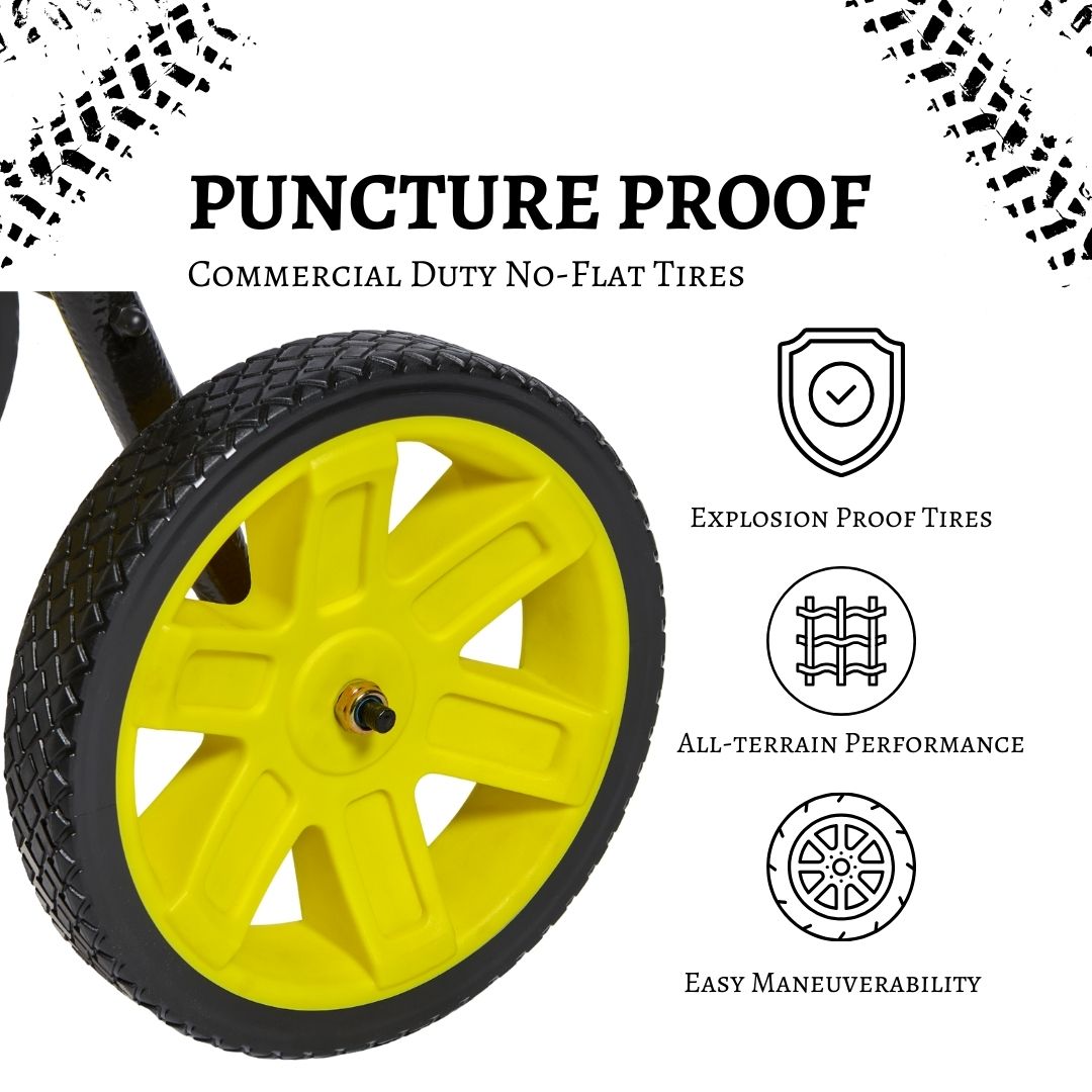 Two-wheel residential-duty hose reel cart holding up to 175 feet of garden hose with sturdy steel frame and easy-roll design.