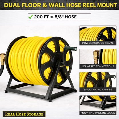Wall or floor mount hose reel holding up to 200 ft of garden hose for flexible installation