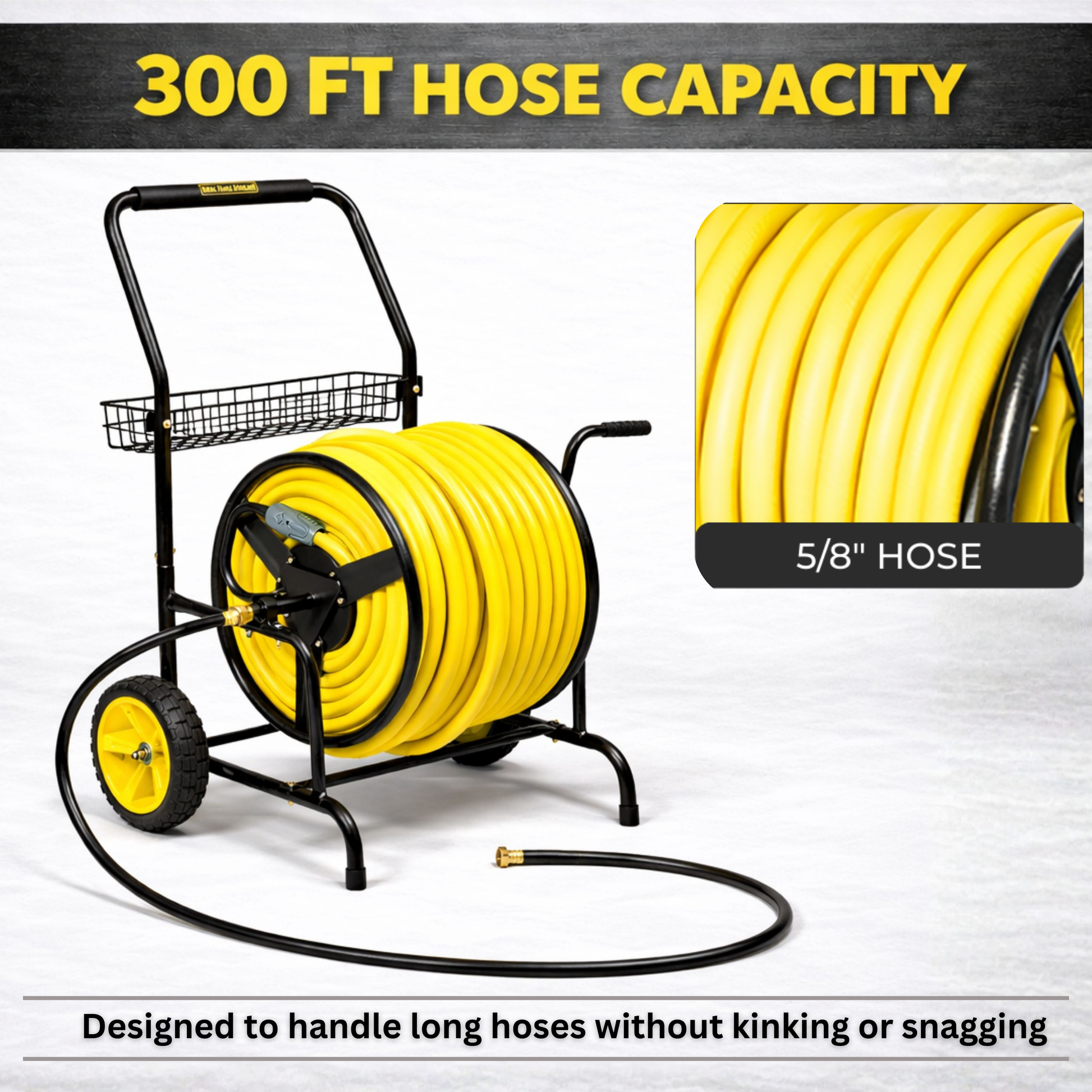 Compact 2-wheel hose cart with 300 ft hose capacity for easy transport and storage