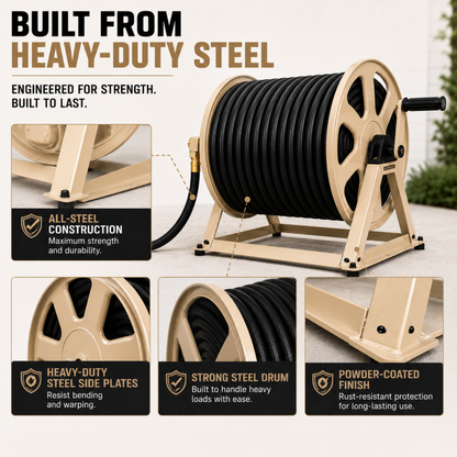 Heavy-duty steel hose reel with features highlighted on a white background