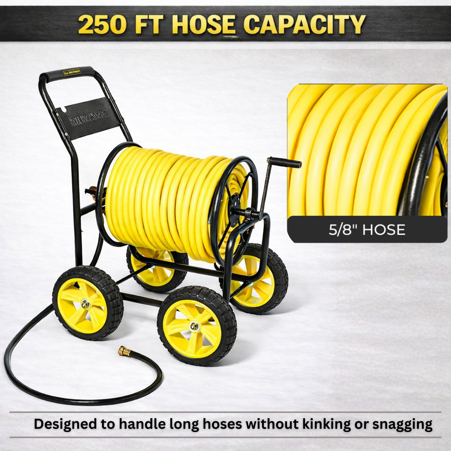 Outdoor metal hose reel cart featuring four wheels and 250 ft hose capacity