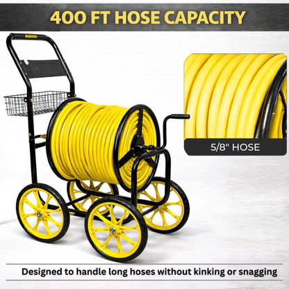 Four-wheel hose reel cart designed for 400 ft of hose with elevated handle for upright operation