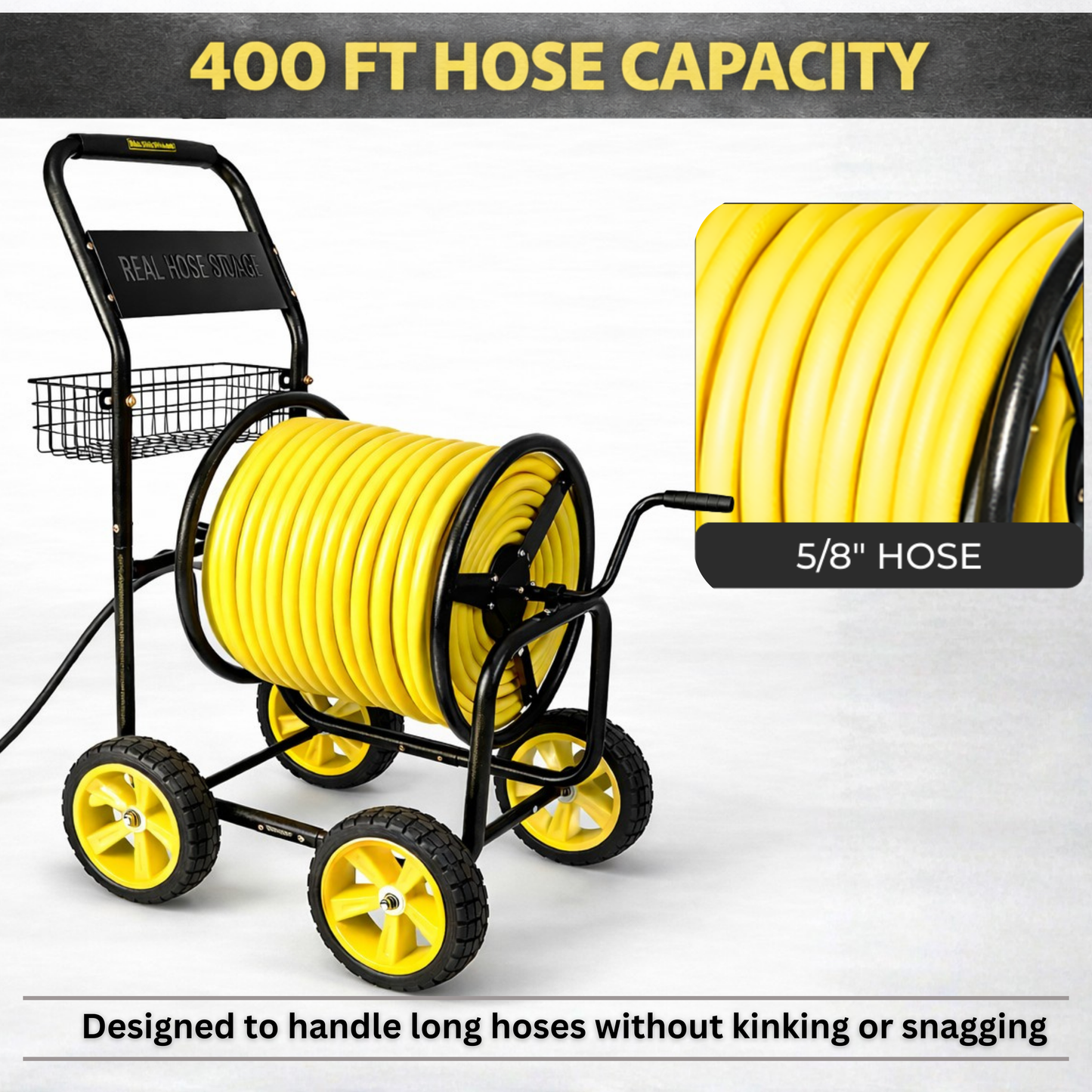 Industrial hose reel cart with steel construction, four-wheel base, and 400 ft hose capacity