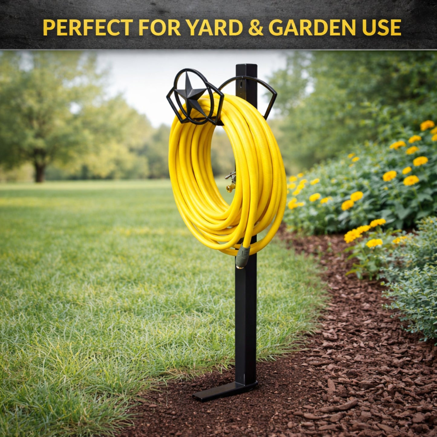 decorative steel garden hose hanger with post and water faucet