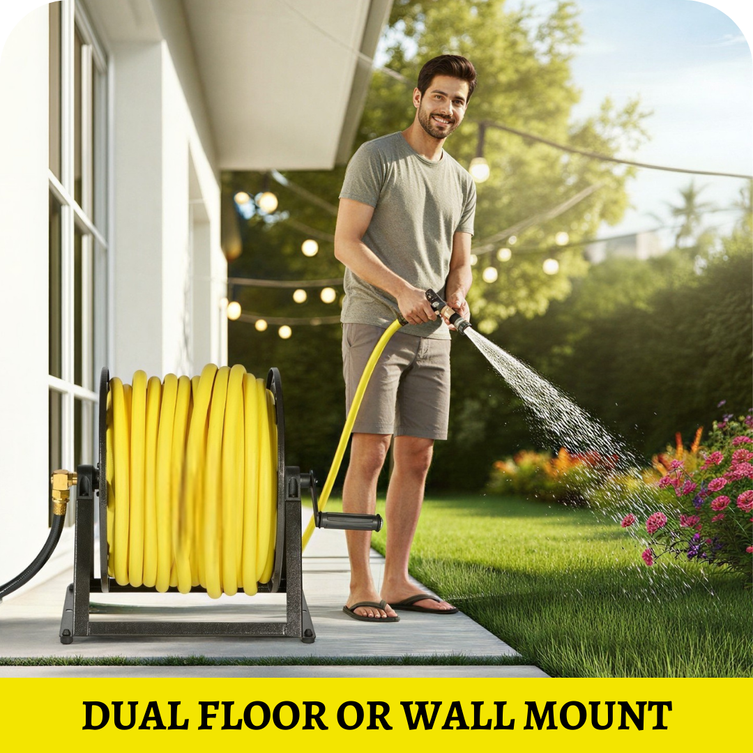 Wall mounted hose reel support made of heavy duty steel