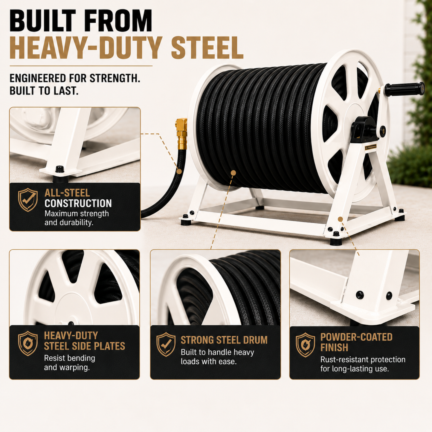 Heavy-duty steel hose reel with features highlighted on a white background