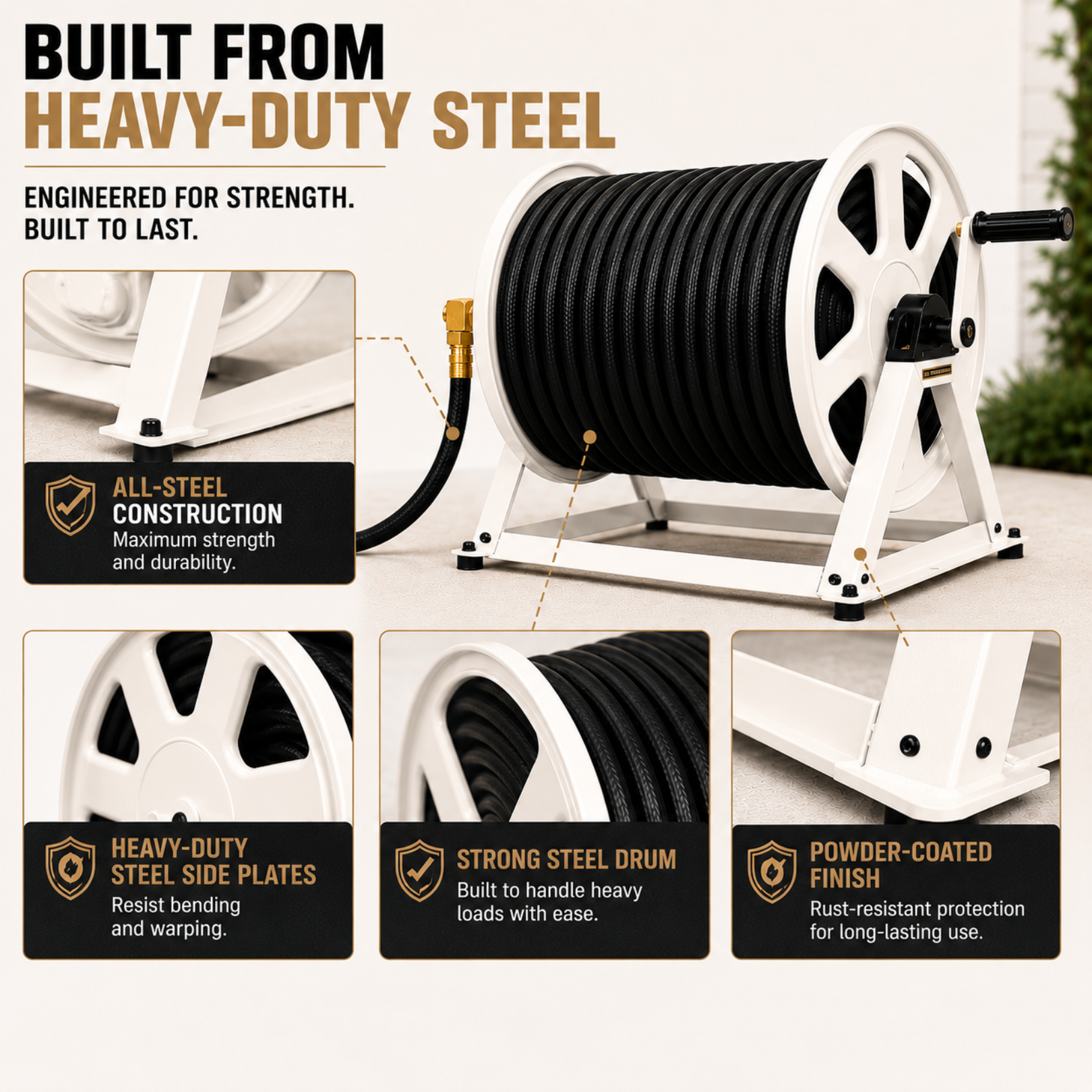 Heavy-duty steel hose reel with features highlighted on a white background
