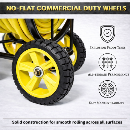 Metal hose reel cart with rolling four-wheel design
