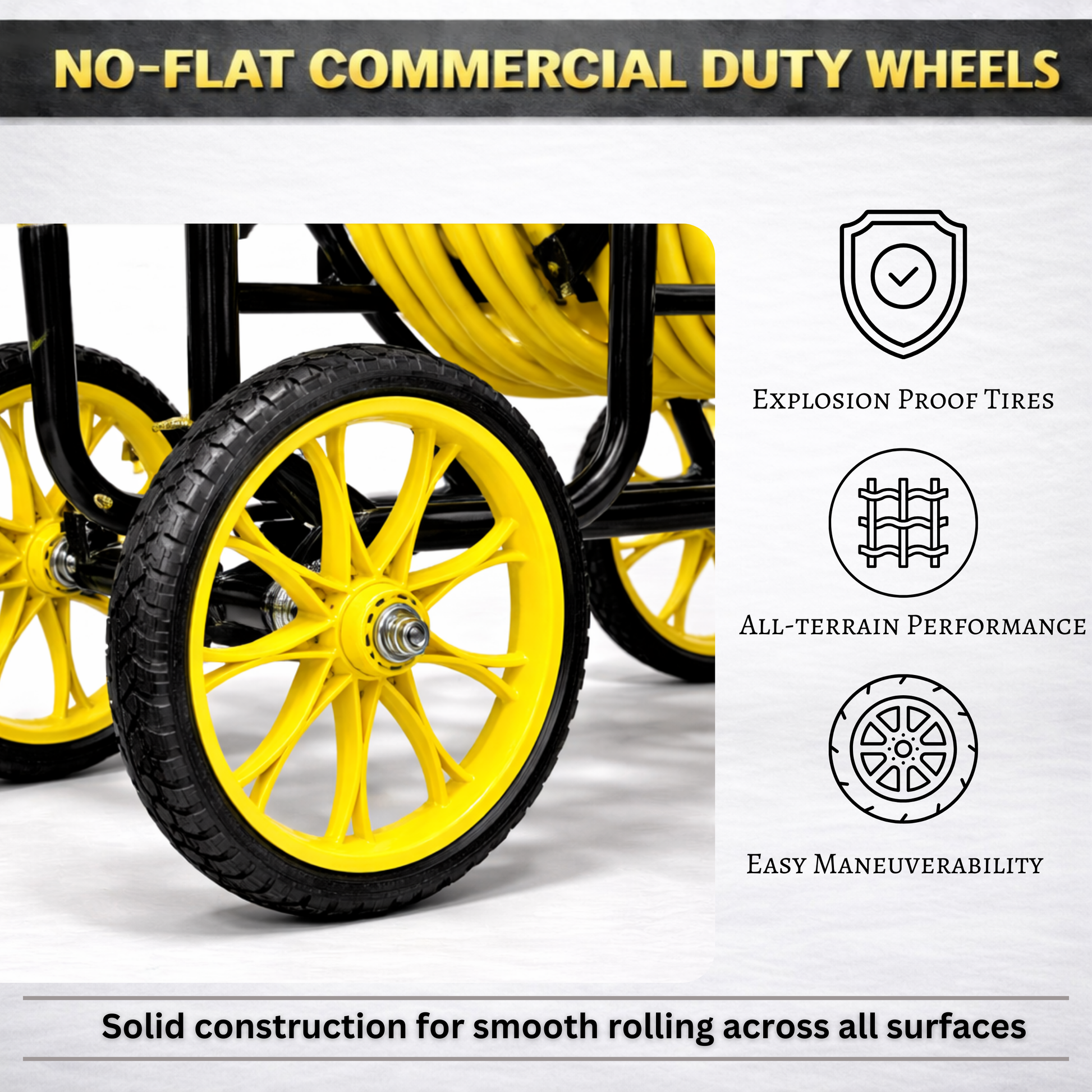 Large-capacity hose reel cart holding up to 400 ft of hose with ergonomic elevated handle