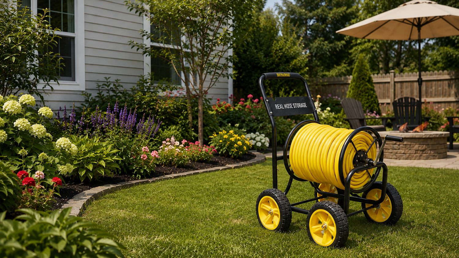 Yellow garden hose reel cart in a backyard setting with a house and garden in the background.