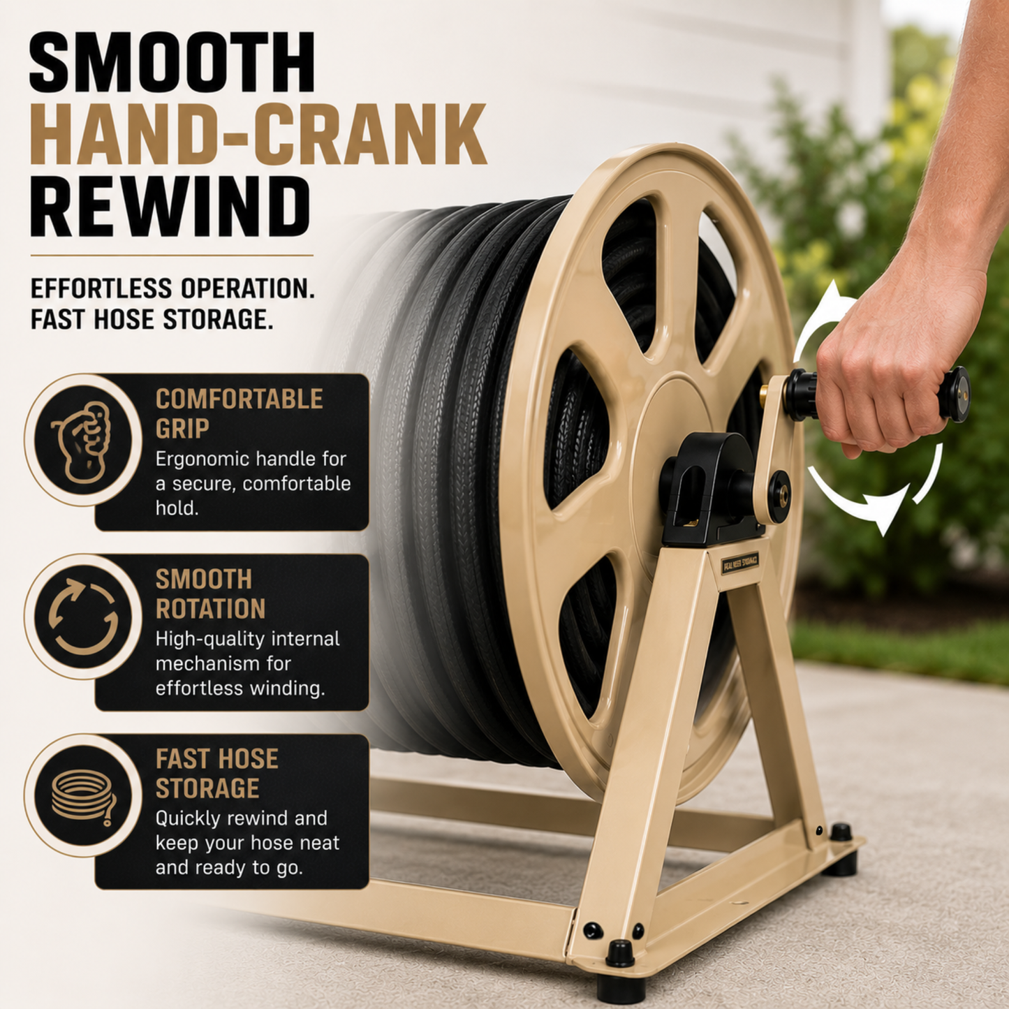 Hand-crank hose reel with text highlighting features like smooth hand-crank rewind and comfortable grip.