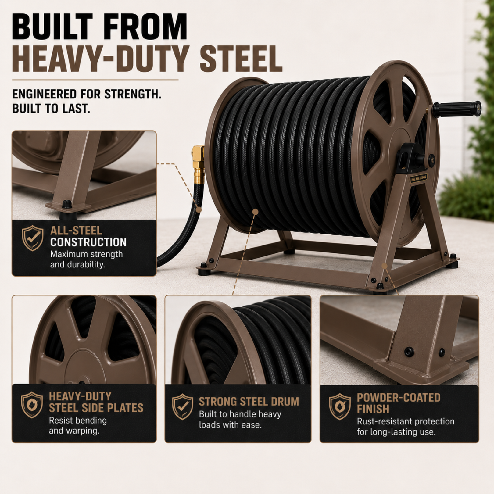 Heavy-duty steel hose reel with features highlighted on a beige background