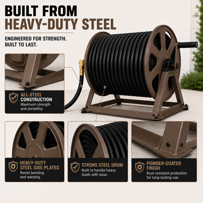 Heavy-duty steel hose reel with features highlighted on a beige background