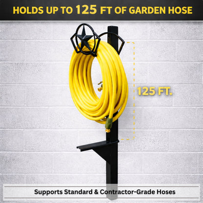 decorative steel garden hose hanger with post and water faucet