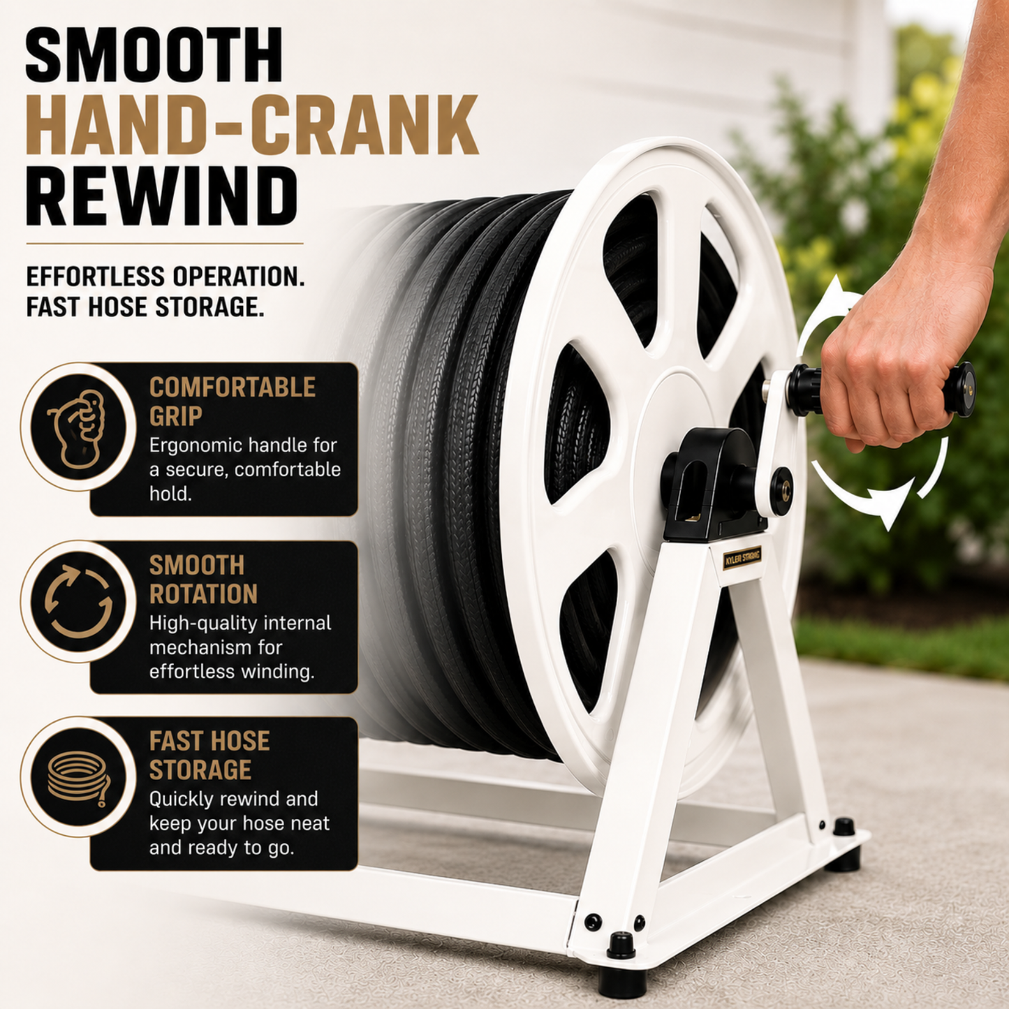 Hand-crank hose reel with text highlighting features like smooth hand-crank rewind, comfortable grip, smooth rotation, and fast hose storage.