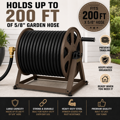 Garden hose reel with features highlighted on a white background
