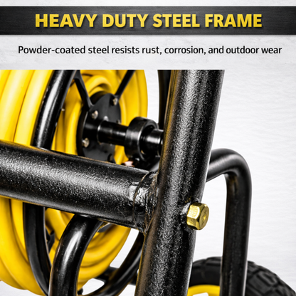 Industrial-duty hose reel cart with reinforced handle and 400 ft hose capacity