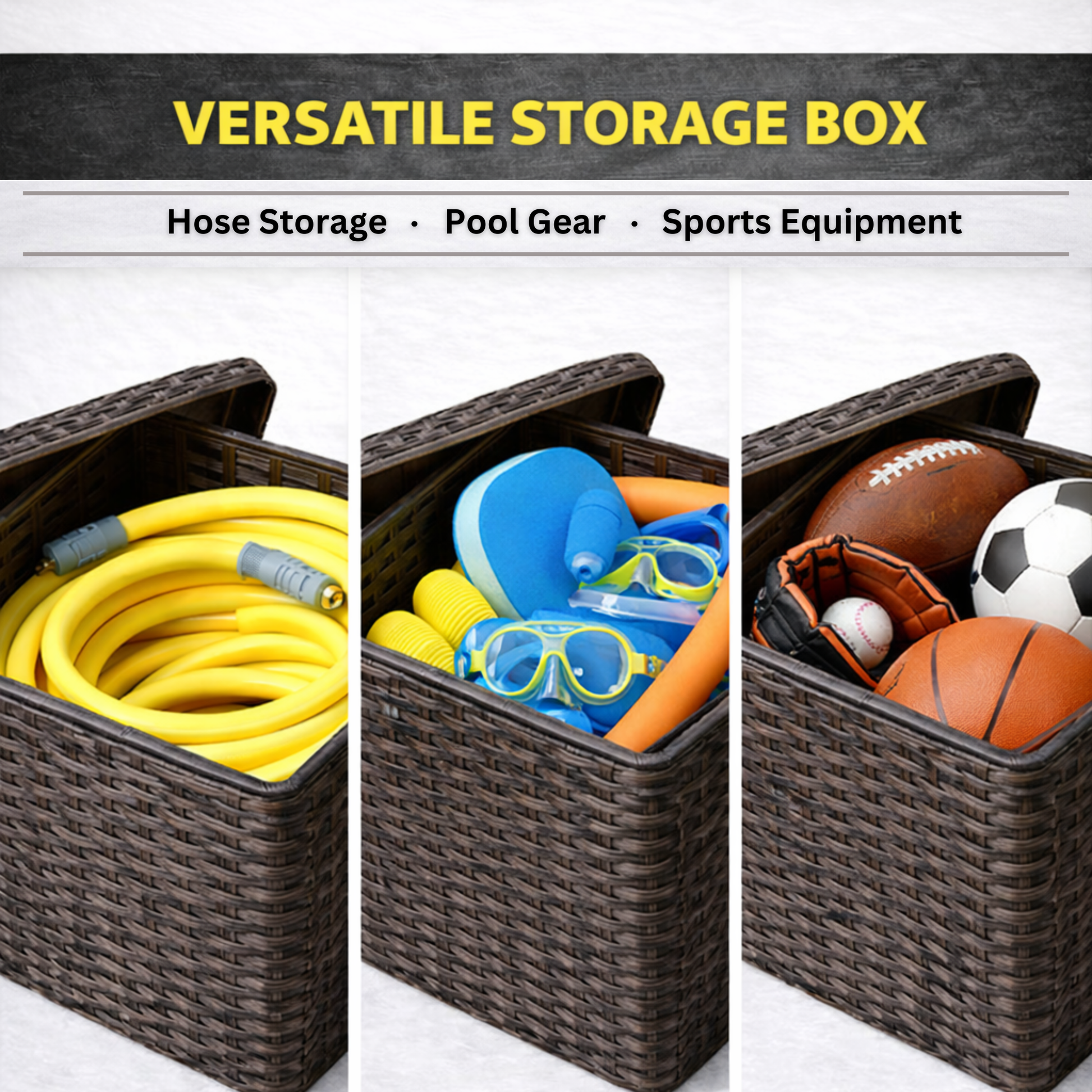 Outdoor resin wicker hose storage box for holding up to 200 ft of lightweight garden hose