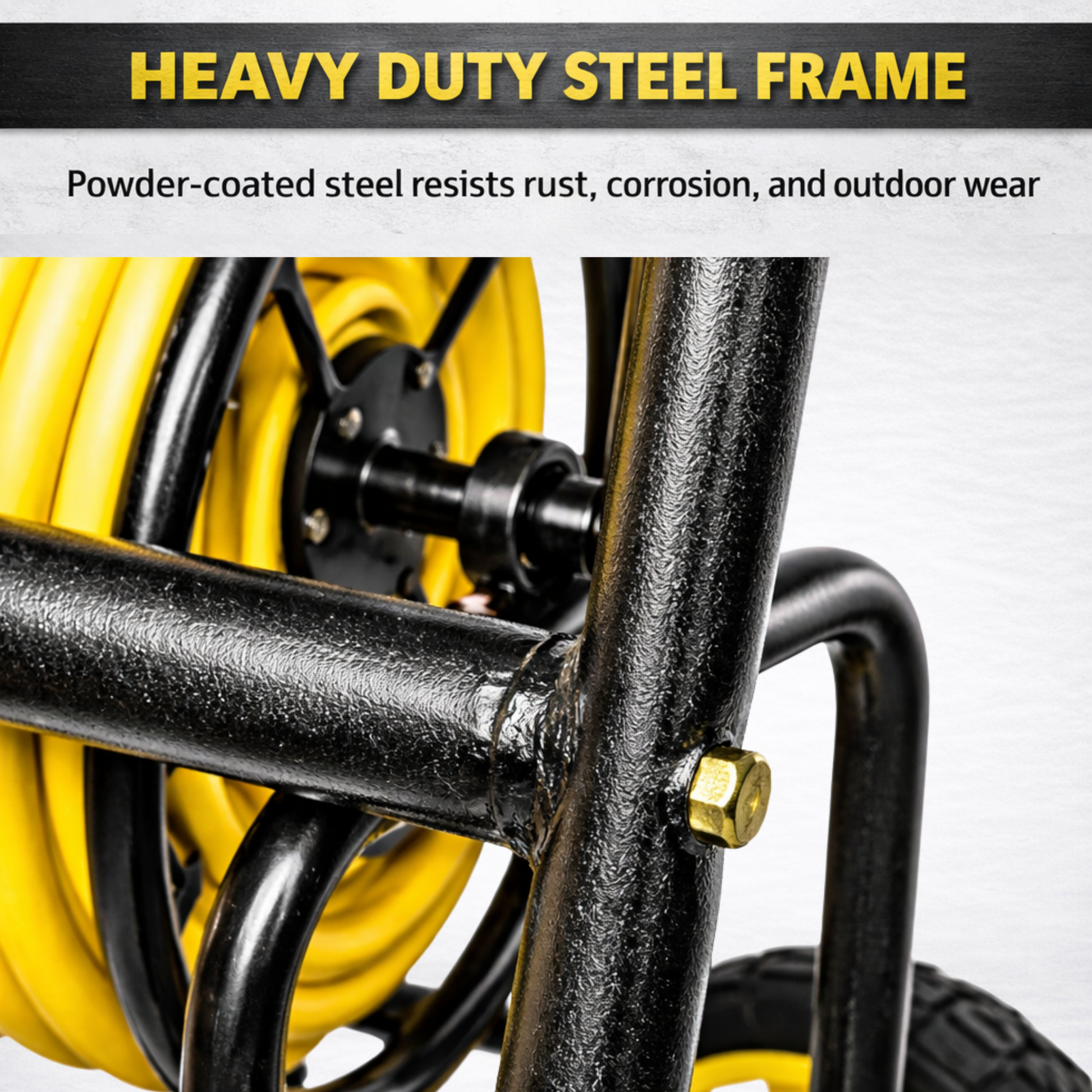 Industrial hose reel cart with steel frame, four wheels, and raised handle for comfortable maneuvering