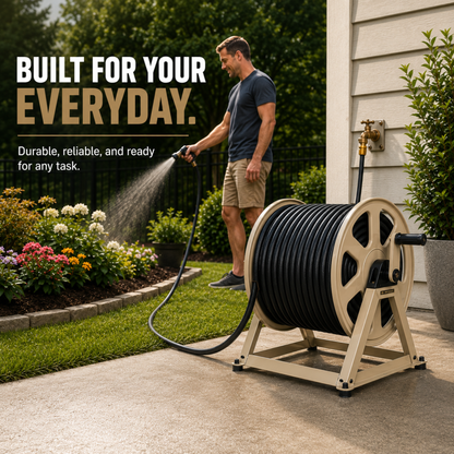 Man using a garden hose with a reel stand in a backyard setting, featuring text about durability and reliability.
