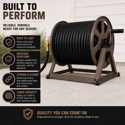 Hose reel with features highlighted on a neutral background