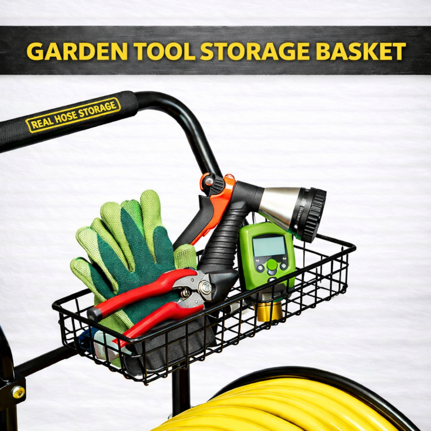 Residential and commercial hose cart with two wheels and 300 ft garden hose capacity