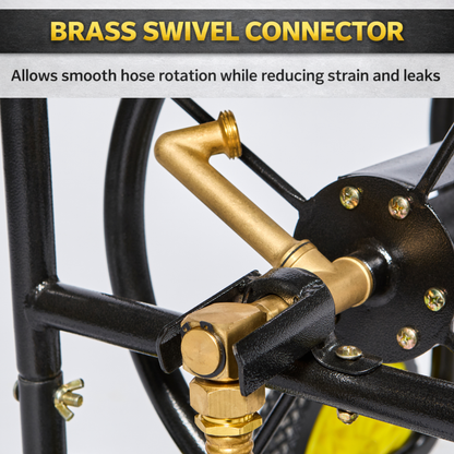 Metal hose reel cart with rolling four-wheel design and 250 ft hose capacity